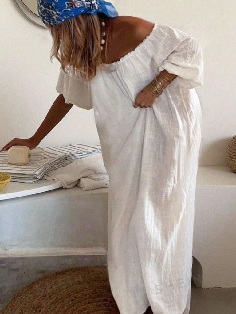 White Casual Women's Plain Off-Shoulder Lantern Sleeve Loose Long Dress